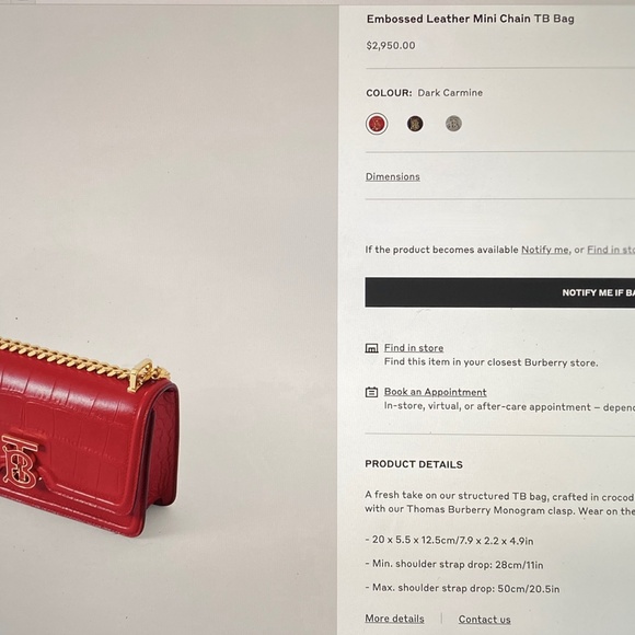 Burberry Dark Carmine Red Croc Embossed TB Chain Strap Crossbody Bag - Picture 11 of 15